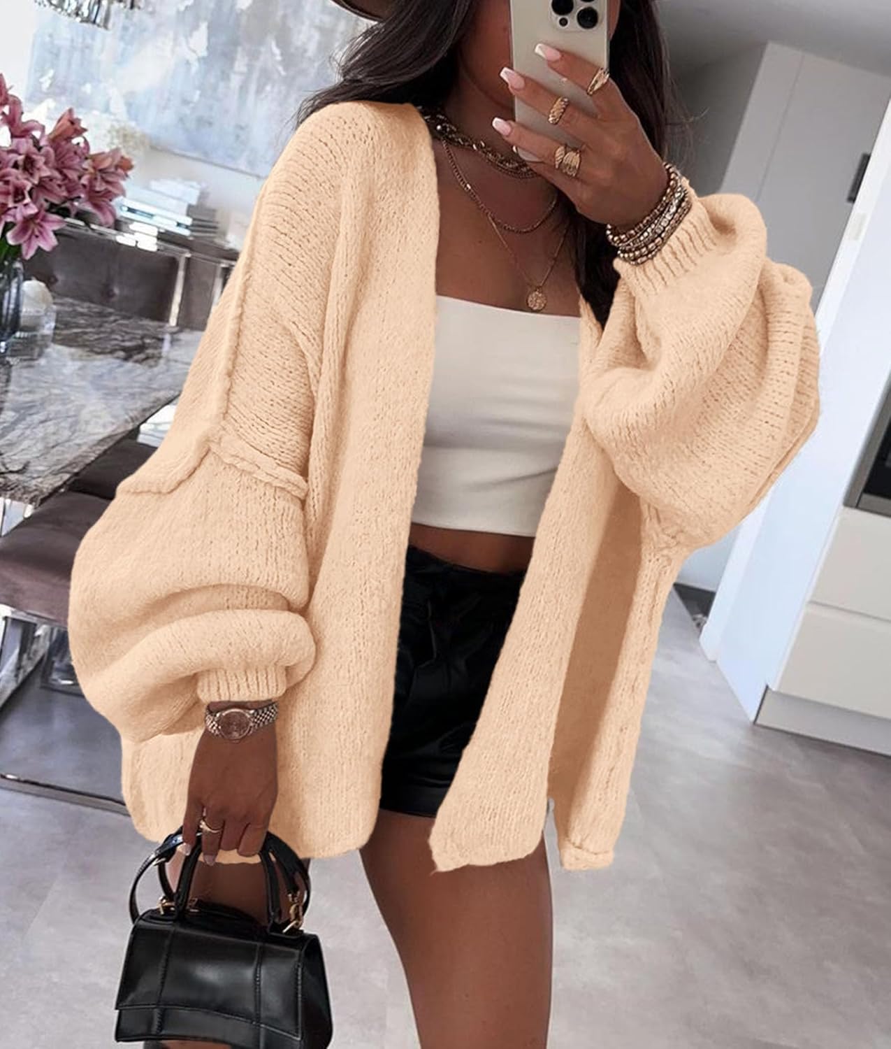 PRETTYGARDEN Womens Oversized Lantern Sleeve Knit Open Front Cardigan Sweater
