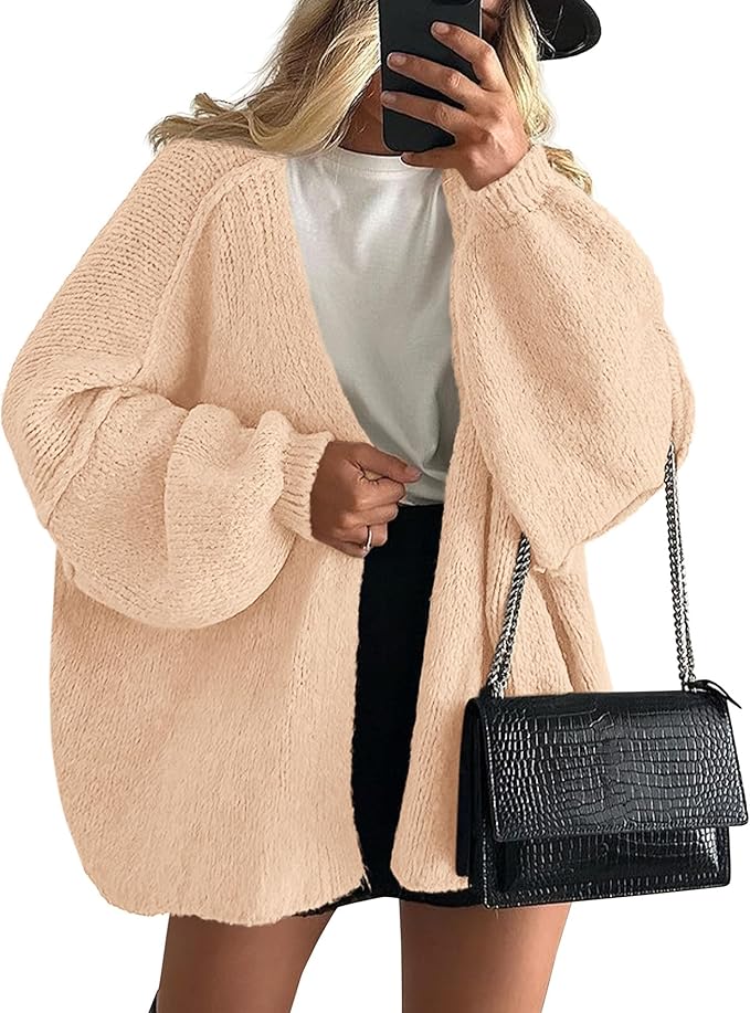 PRETTYGARDEN Womens Oversized Lantern Sleeve Knit Open Front Cardigan Sweater
