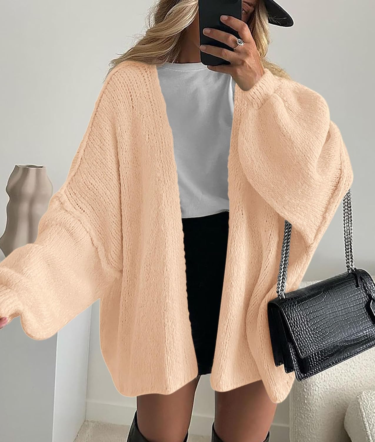 PRETTYGARDEN Womens Oversized Lantern Sleeve Knit Open Front Cardigan Sweater