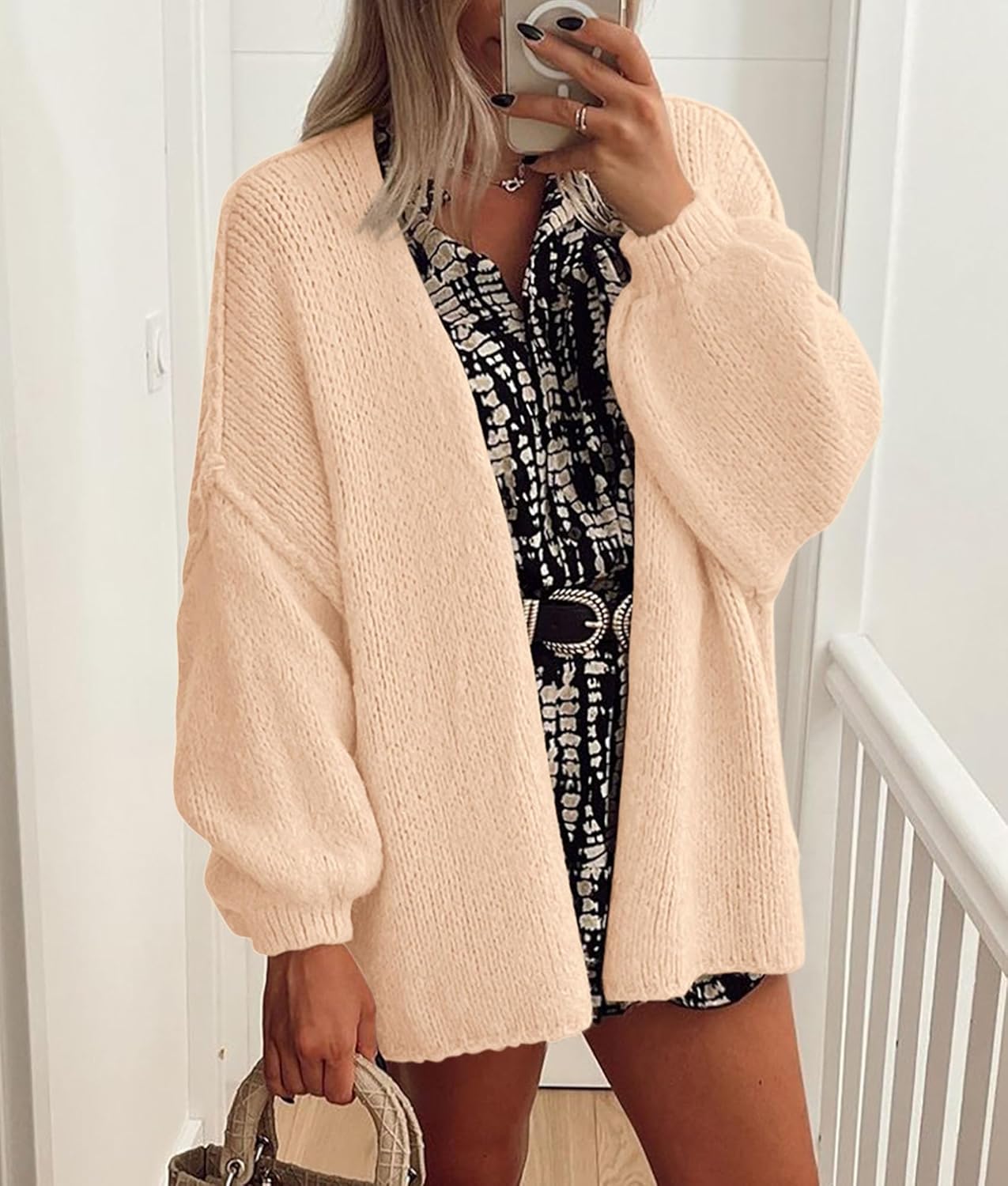 PRETTYGARDEN Womens Oversized Lantern Sleeve Knit Open Front Cardigan Sweater