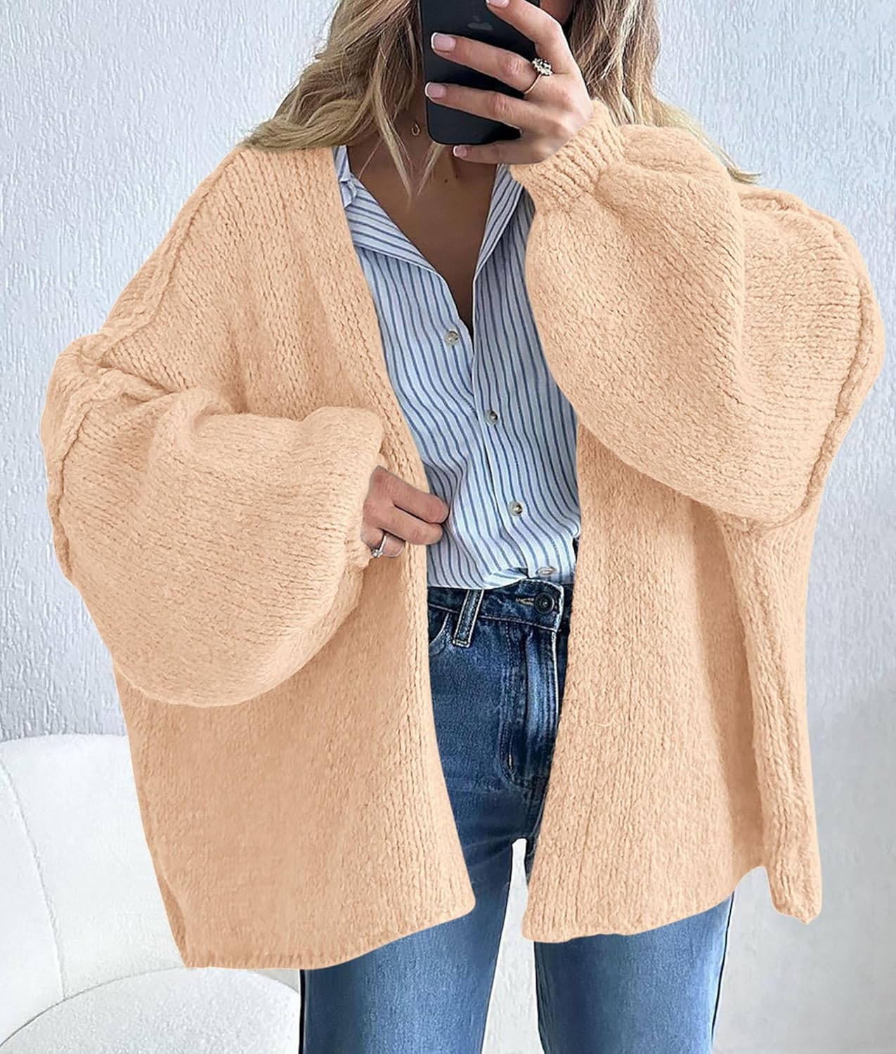 PRETTYGARDEN Womens Oversized Lantern Sleeve Knit Open Front Cardigan Sweater