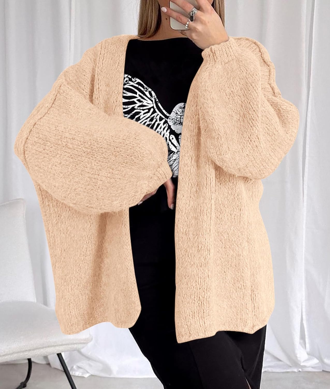 PRETTYGARDEN Womens Oversized Lantern Sleeve Knit Open Front Cardigan Sweater