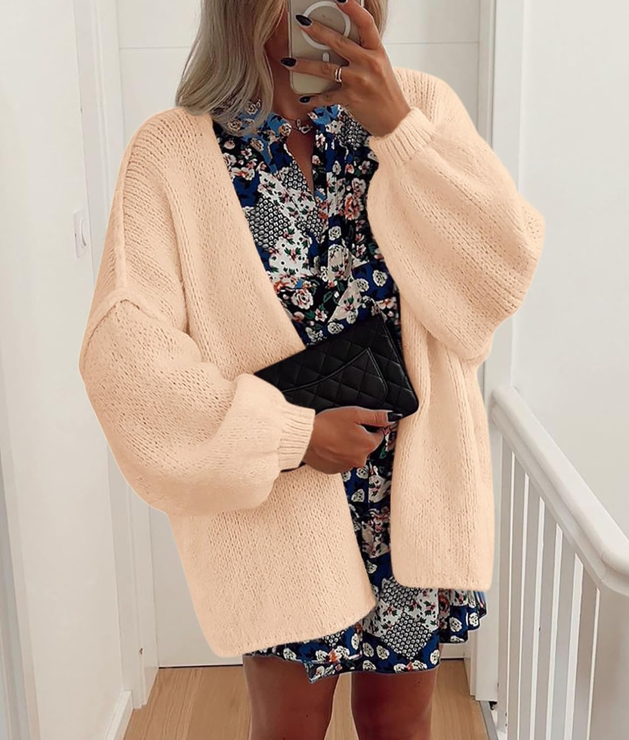PRETTYGARDEN Womens Oversized Lantern Sleeve Knit Open Front Cardigan Sweater